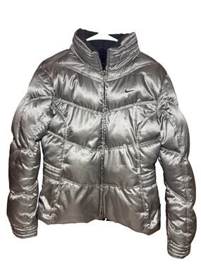 Vintage Nike Silver Puffer Down Jacket Satin Y2K Minimalist Womens Small S